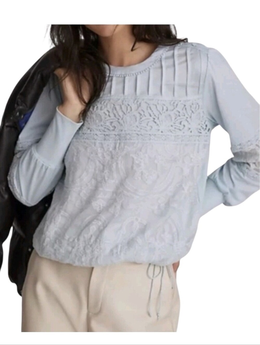 Anthropologie Tiny Pale Blue Crochet Lace Overlay Drawstring Hem Blouse. Medium